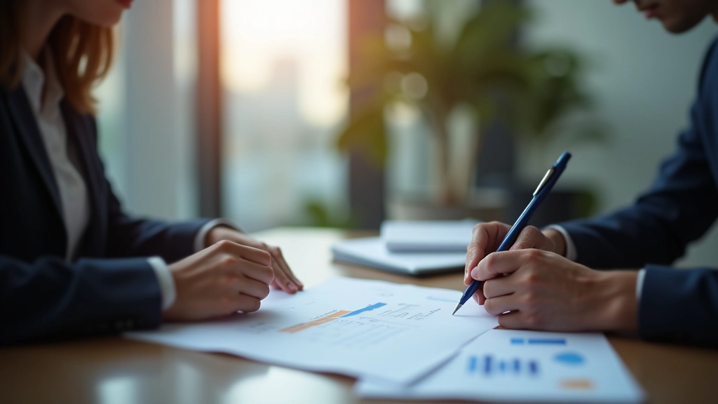 Professional financial advisor reviewing retirement planning documents with client at modern office desk