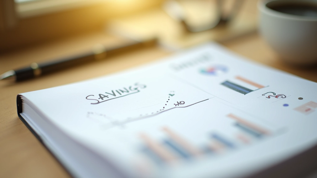 Notebook with retirement planning notes and graphs showing savings growth over time