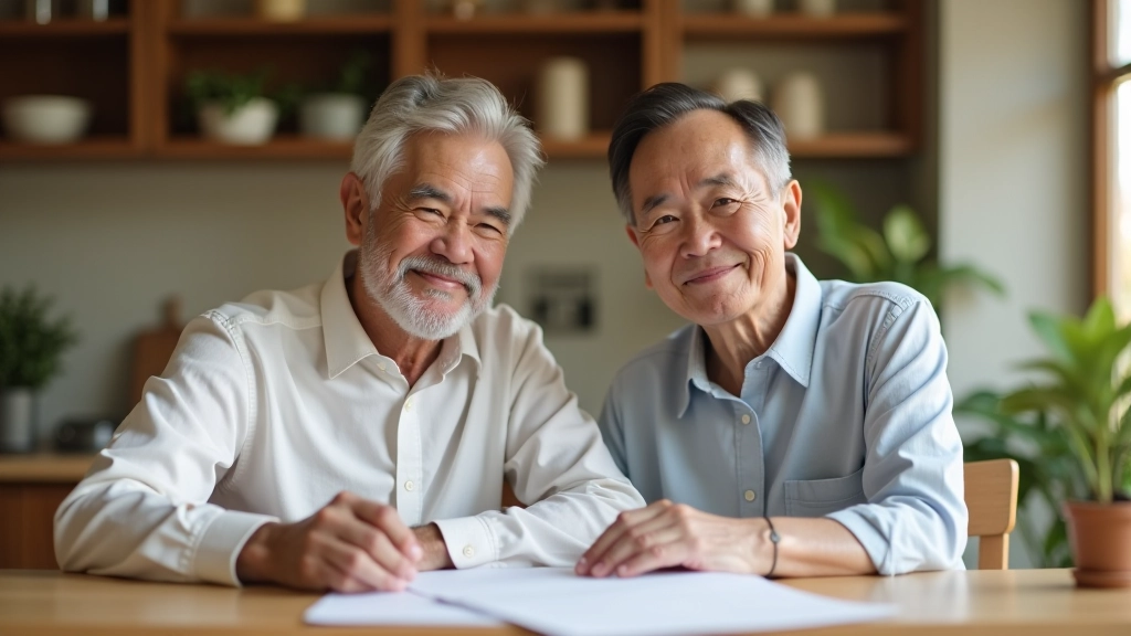 Mature couple aged 50s sitting at kitchen table reviewing retirement documents together with calculator and coffee, warm home environment