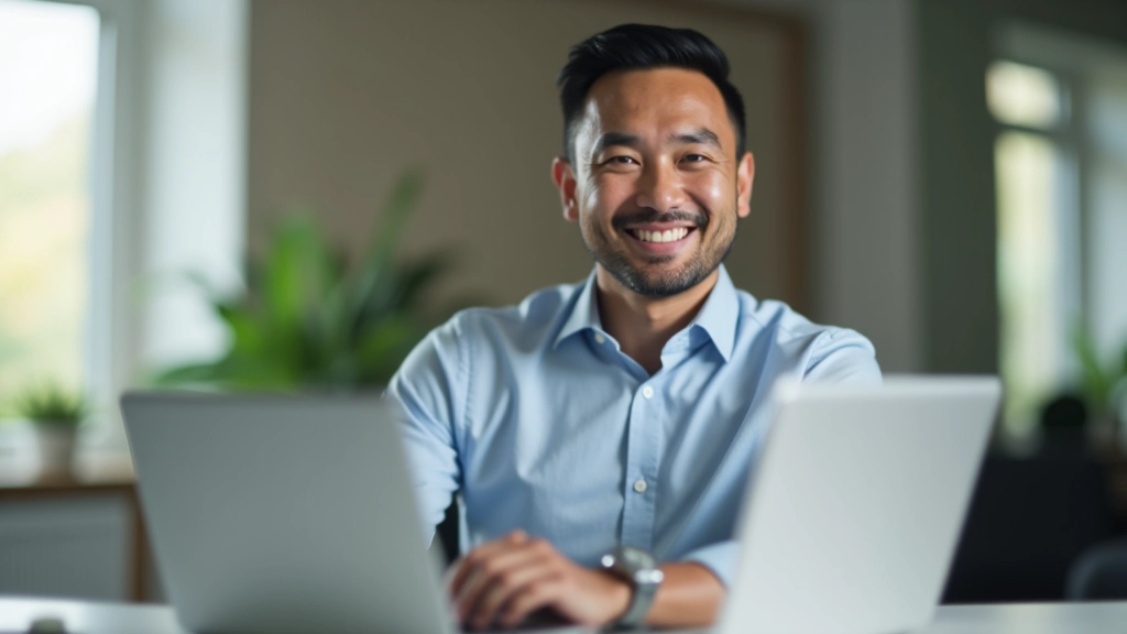 Self-employed professional working from laptop at home office setup