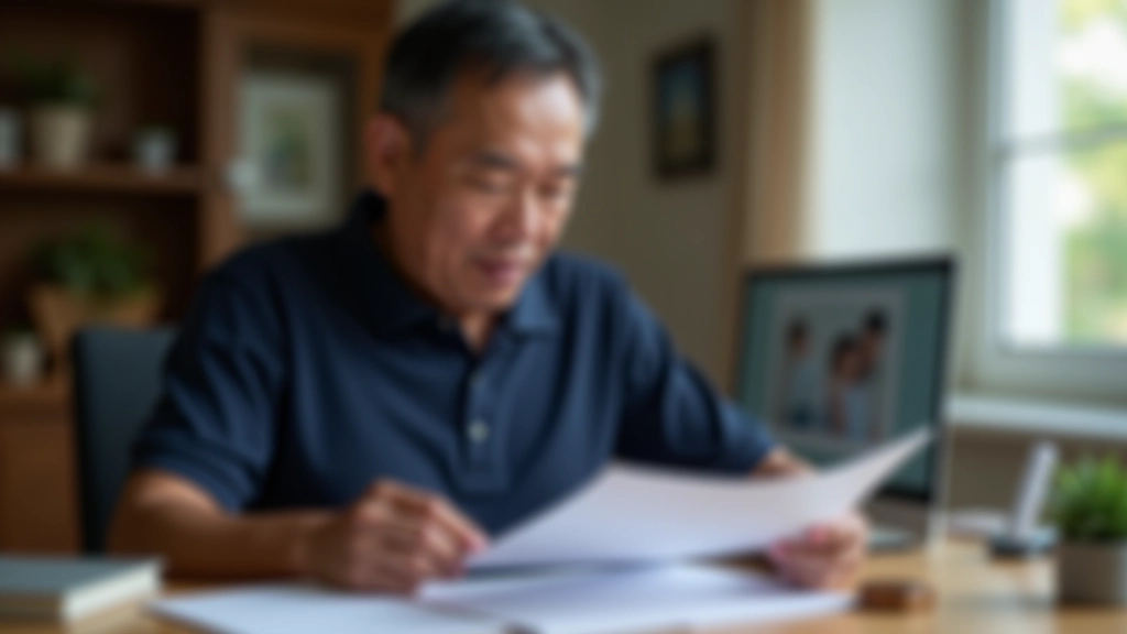 Focused man aged 40 in professional shirt reviewing financial papers and budget spreadsheets at home office desk with family photo visible