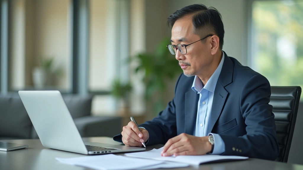 Person sitting at desk with laptop reviewing financial documents and retirement projections