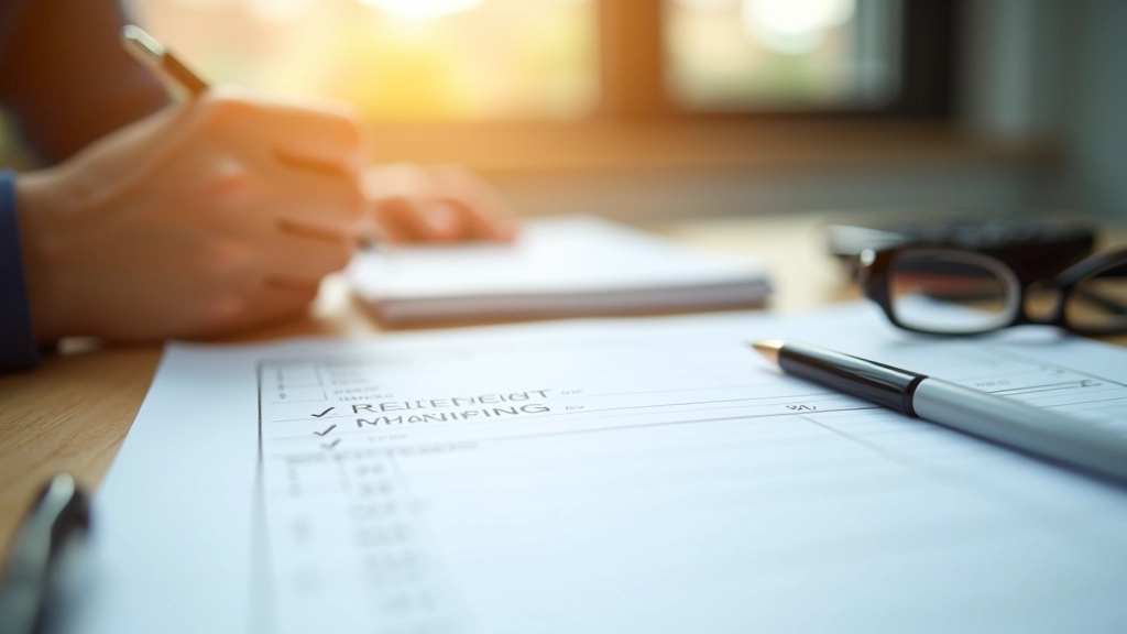 Close-up of hands writing notes on retirement planning worksheet with calculator and glasses