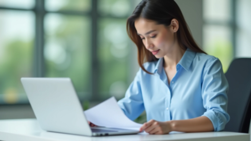 Woman aged 35 at modern desk with laptop and retirement planning documents, professional attire, natural lighting from window
