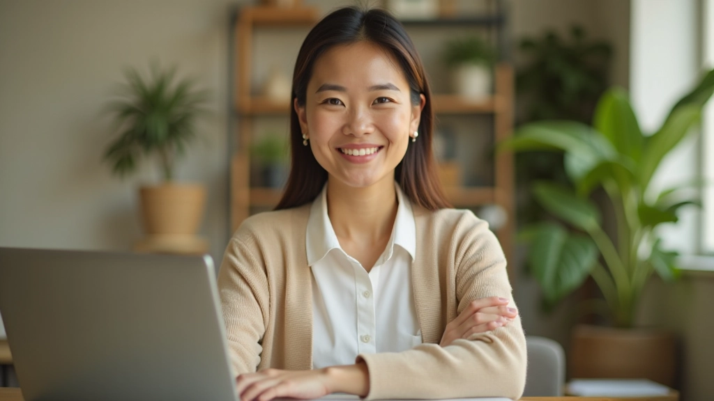 Female entrepreneur aged 38 working on laptop at her home-based business desk surrounded by business materials and coffee, focused expression
