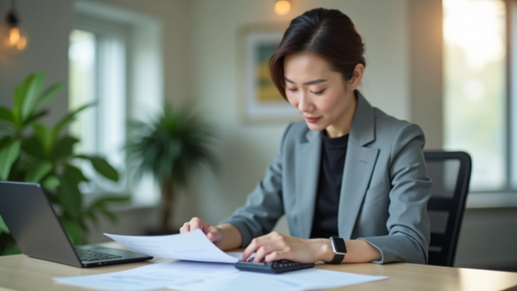 Professional person reviewing financial documents at desk with calculator and pen